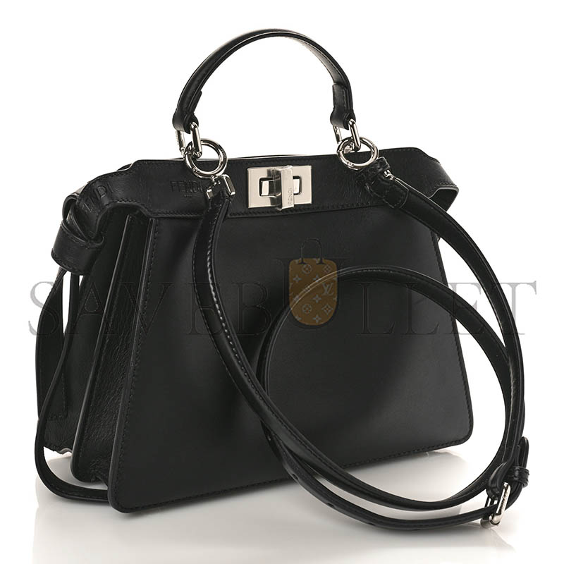 FENDI VITELLO SETA SHINY NAPPA LOGO EMBOSSED LACES SMALL PEEKABOO I SEE U SATCHEL BLACK (27*20*11cm) 
